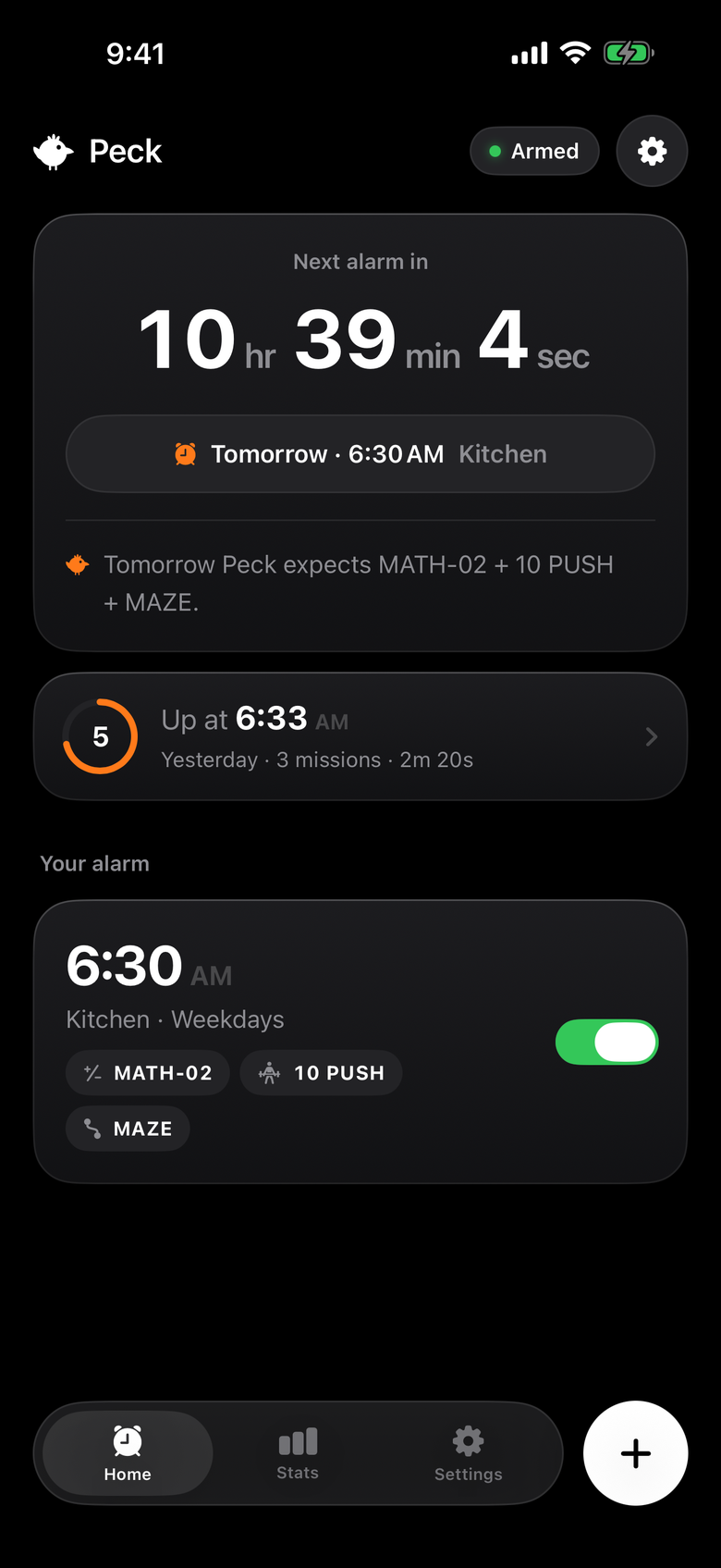 Home: next alarm in 10 hours, last morning and a 5-day streak